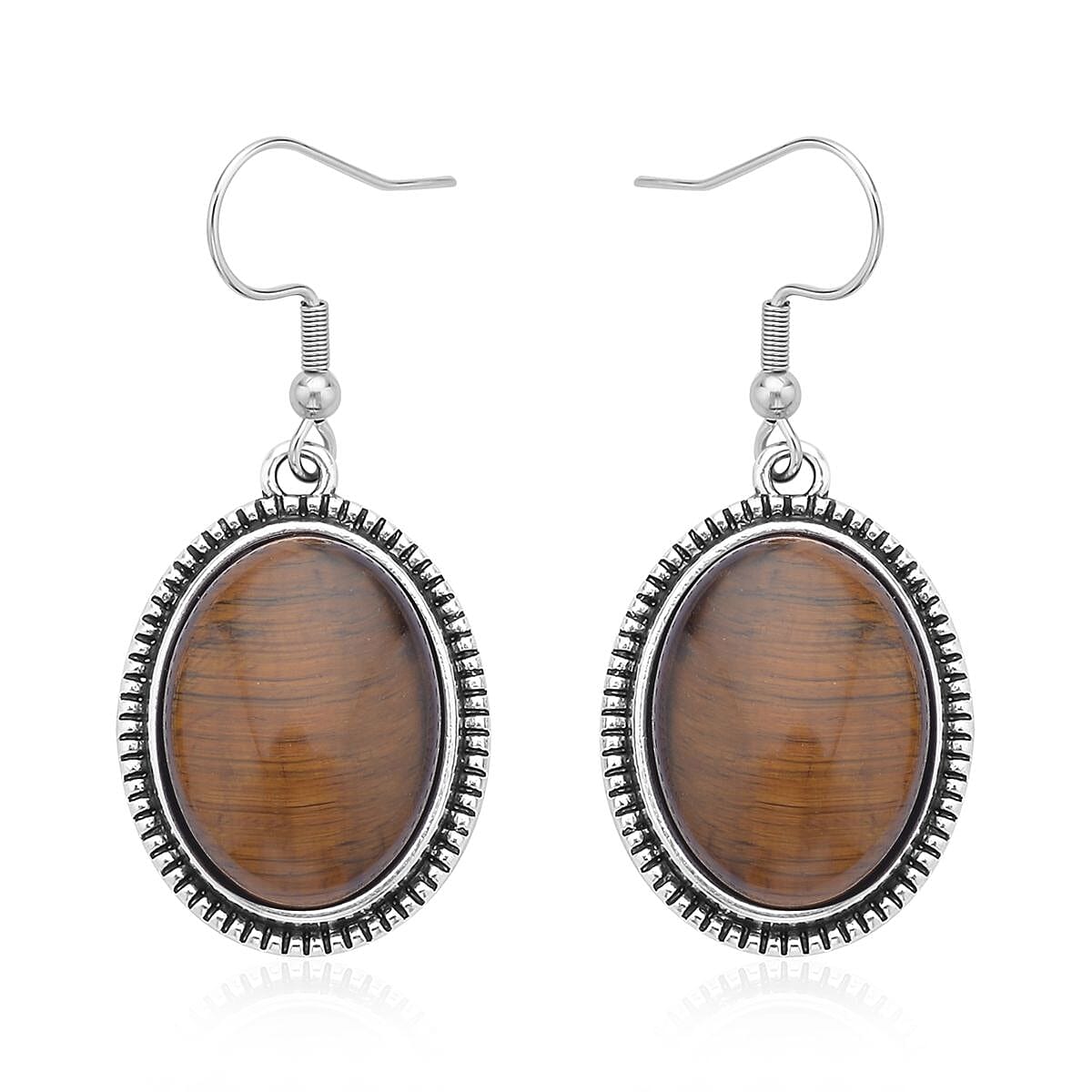 Yellow Tiger's Eye Bangle Bracelet (7 In) and Earrings in Stainless Steel 50.00 ctw , Tarnish-Free, Waterproof, Sweat Proof Jewelry