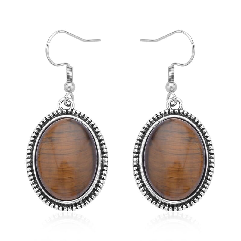 Yellow Tiger's Eye Bangle Bracelet (7 In) and Earrings in Stainless Steel 50.00 ctw , Tarnish-Free, Waterproof, Sweat Proof Jewelry