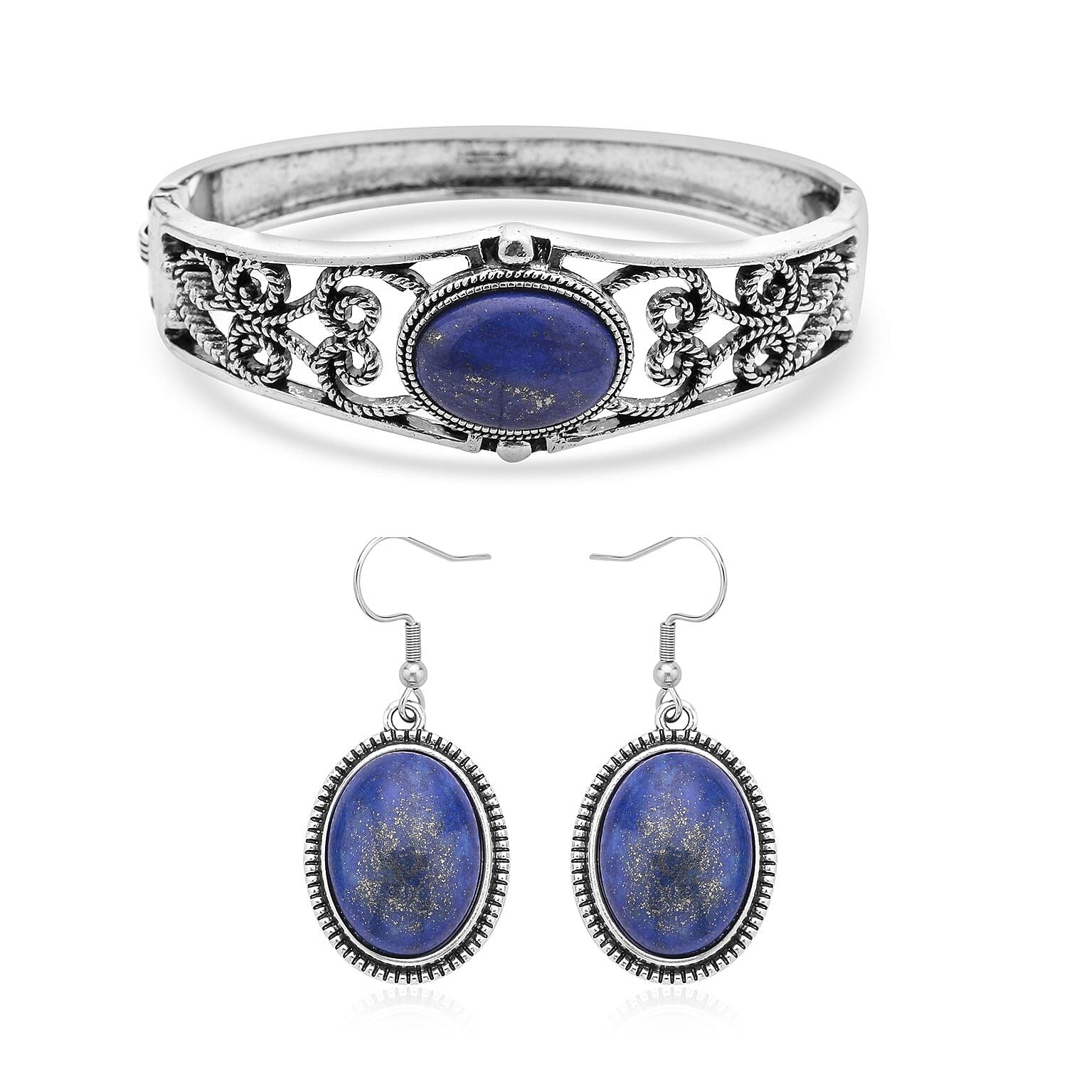 Lapis Lazuli Bangle Bracelet (7 In) and Earrings in Stainless Steel 50.00 ctw , Tarnish-Free, Waterproof, Sweat Proof Jewelry