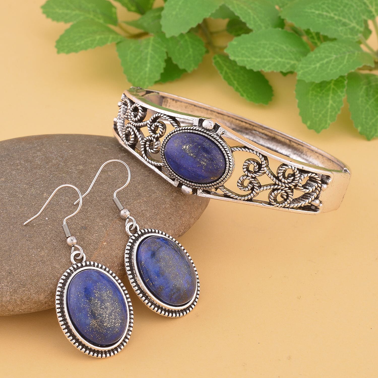 Lapis Lazuli Bangle Bracelet (7 In) and Earrings in Stainless Steel 50.00 ctw , Tarnish-Free, Waterproof, Sweat Proof Jewelry