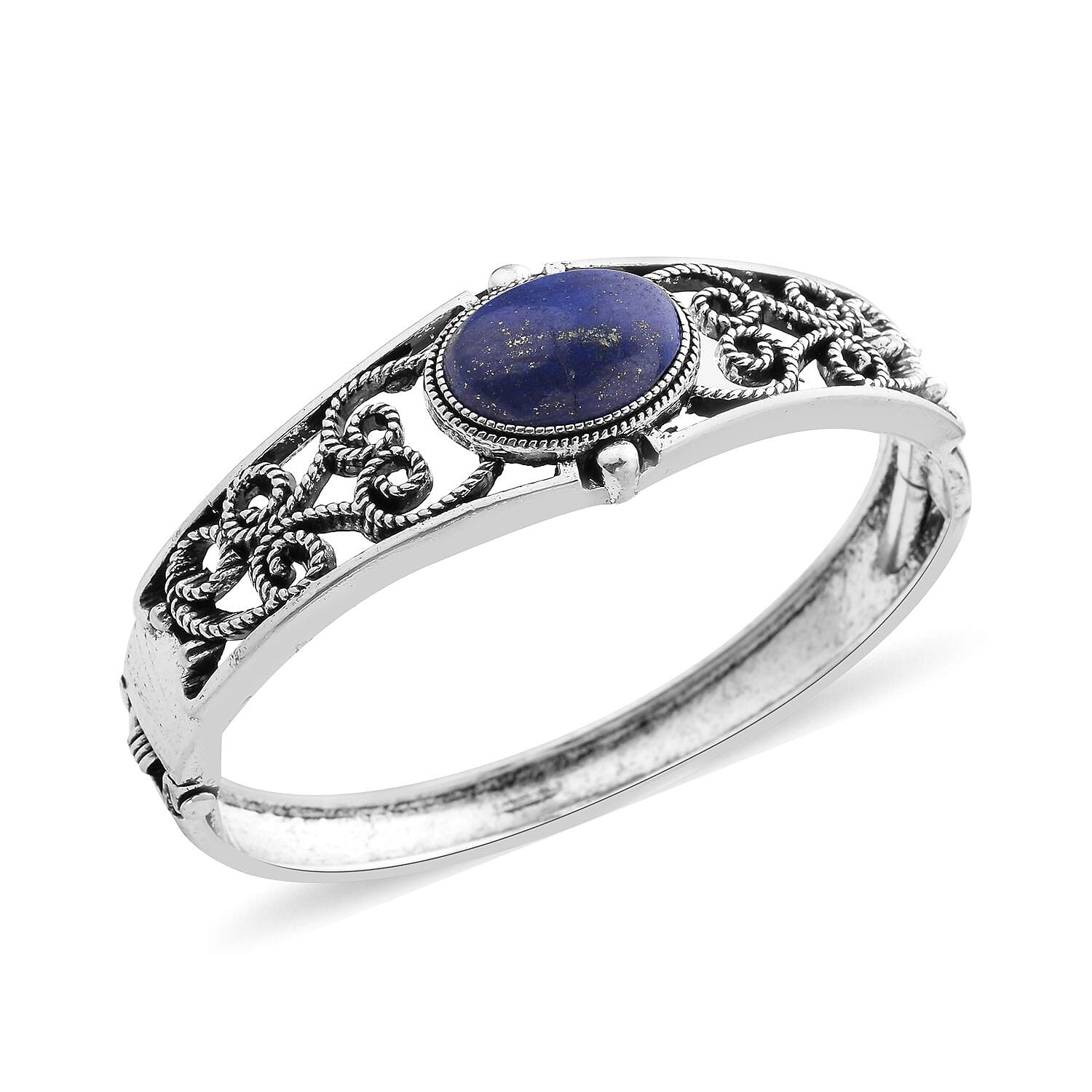 Lapis Lazuli Bangle Bracelet (7 In) and Earrings in Stainless Steel 50.00 ctw , Tarnish-Free, Waterproof, Sweat Proof Jewelry