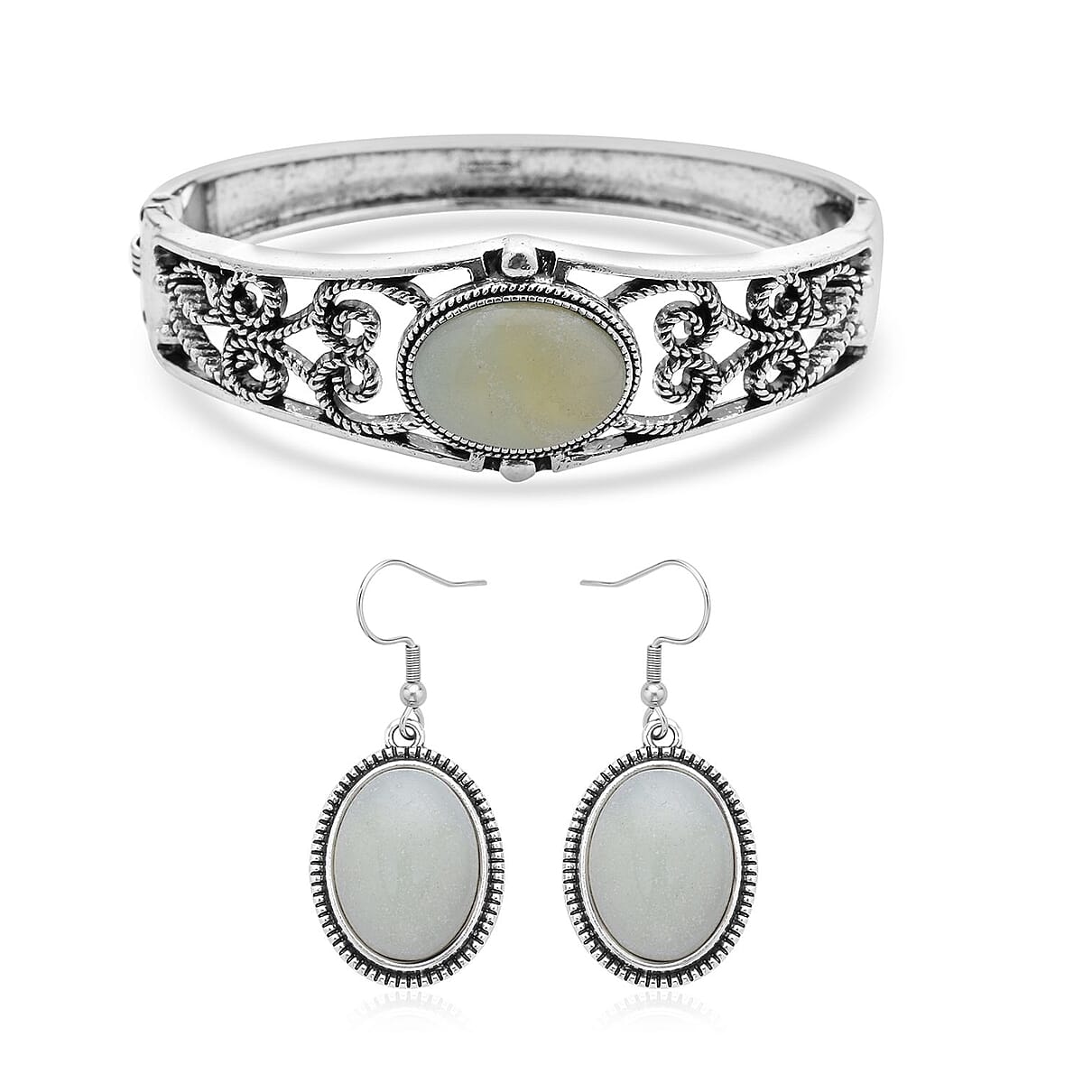 Amazonite Bangle Bracelet (7 In) and Earrings in Stainless Steel 50.00 ctw , Tarnish-Free, Waterproof, Sweat Proof Jewelry image number 0