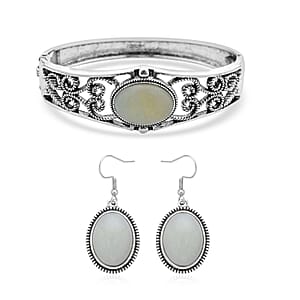 Amazonite Bangle Bracelet (7 In) and Earrings in Stainless Steel 50.00 ctw , Tarnish-Free, Waterproof, Sweat Proof Jewelry