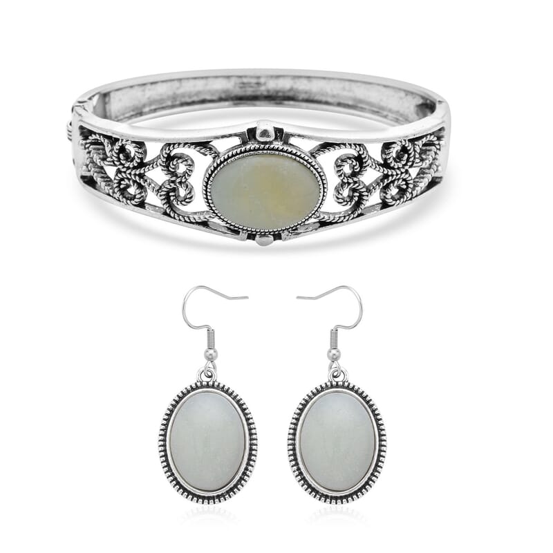 Amazonite Bangle Bracelet (7 In) and Earrings in Stainless Steel 50.00 ctw , Tarnish-Free, Waterproof, Sweat Proof Jewelry