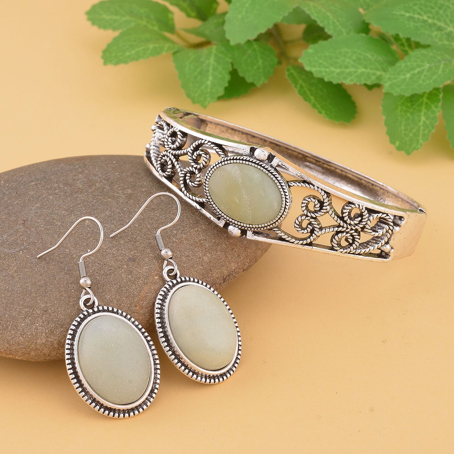 Amazonite Bangle Bracelet (7 In) and Earrings in Stainless Steel 50.00 ctw , Tarnish-Free, Waterproof, Sweat Proof Jewelry