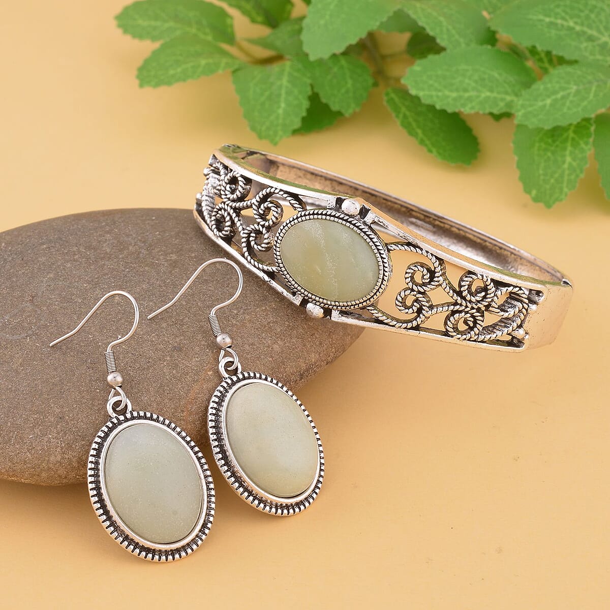 Amazonite Bangle Bracelet (7 In) and Earrings in Stainless Steel 50.00 ctw , Tarnish-Free, Waterproof, Sweat Proof Jewelry image number 1