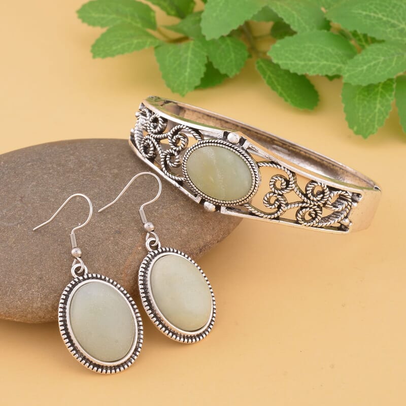 Amazonite Bangle Bracelet (7 In) and Earrings in Stainless Steel 50.00 ctw , Tarnish-Free, Waterproof, Sweat Proof Jewelry
