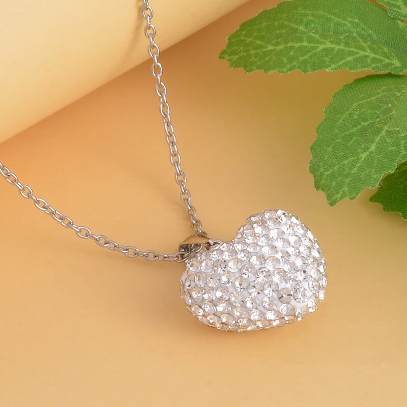 Austrian Crystal Heart Pendant Necklace 20 Inches in Rhodium Over Sterling Silver