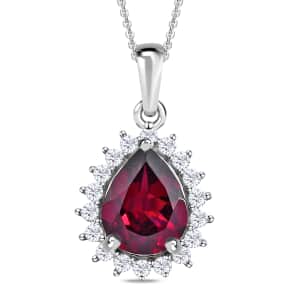 Natural Tanzanian Wine Garnet and Natural White Zircon Halo Pendant Necklace 20 Inches in Platinum Over Sterling Silver 2.00 ctw