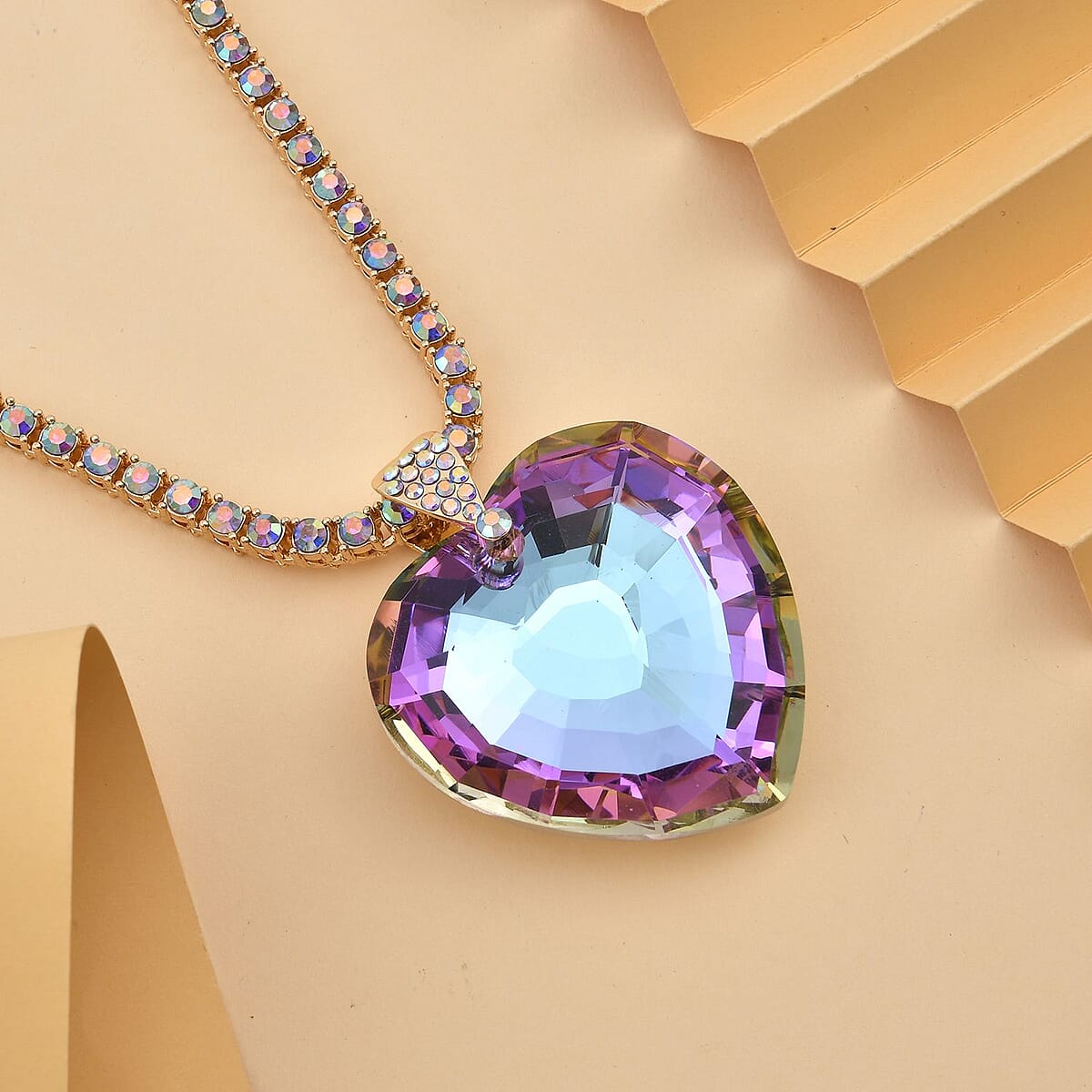 Purple Magic Color Glass and Purple Austrian Crystal Heart of Ocean Pendant Necklace 20 Inches in Goldtone image number 1