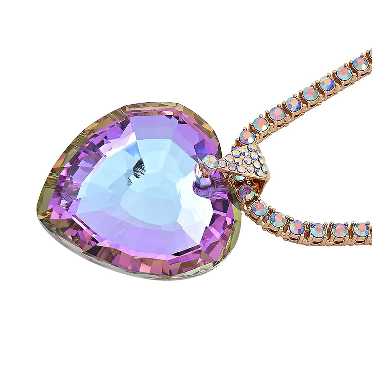 Purple Magic Color Glass and Purple Austrian Crystal Heart of Ocean Pendant Necklace 20 Inches in Goldtone image number 2