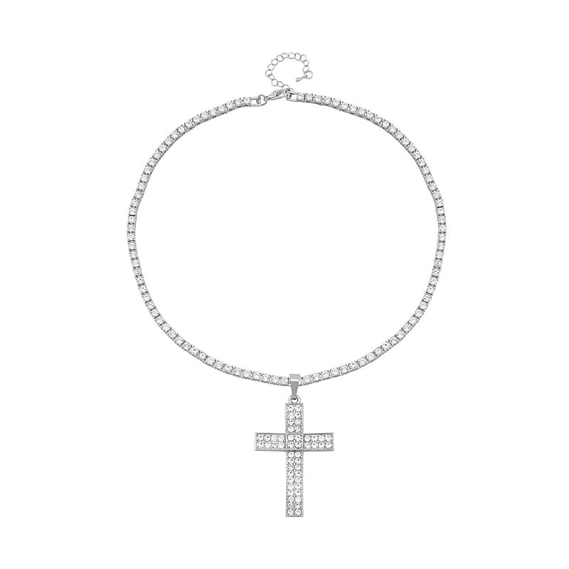 White Austrian Crystal Cross Pendant Necklace 20 Inches in Silvertone