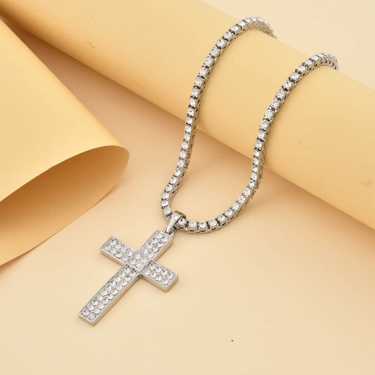 White Austrian Crystal Cross Pendant Necklace 20 Inches in Silvertone image number 1