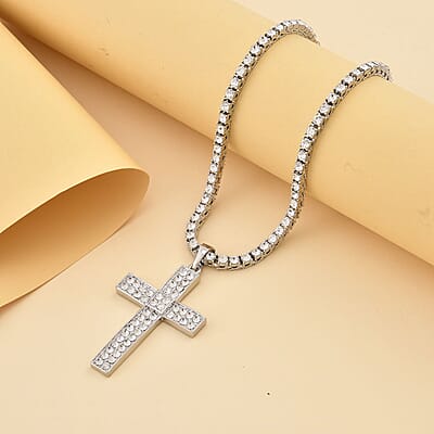 White Austrian Crystal Cross Pendant Necklace 20 Inches in Silvertone