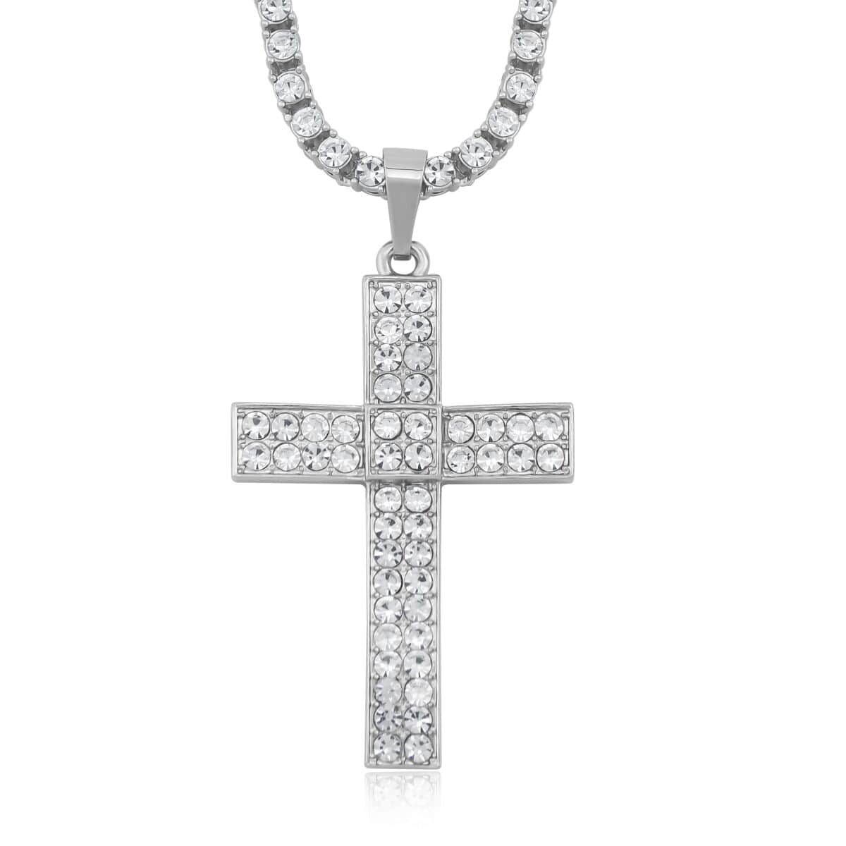 White Austrian Crystal Cross Pendant Necklace 20 Inches in Silvertone image number 2