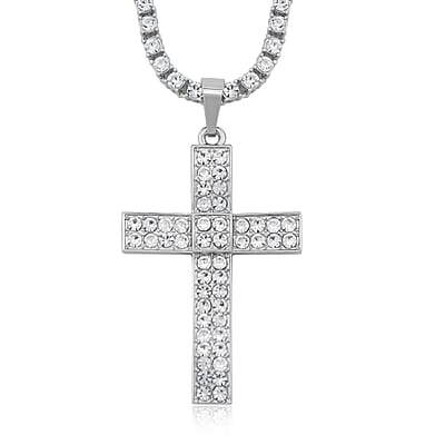 White Austrian Crystal Cross Pendant Necklace 20 Inches in Silvertone