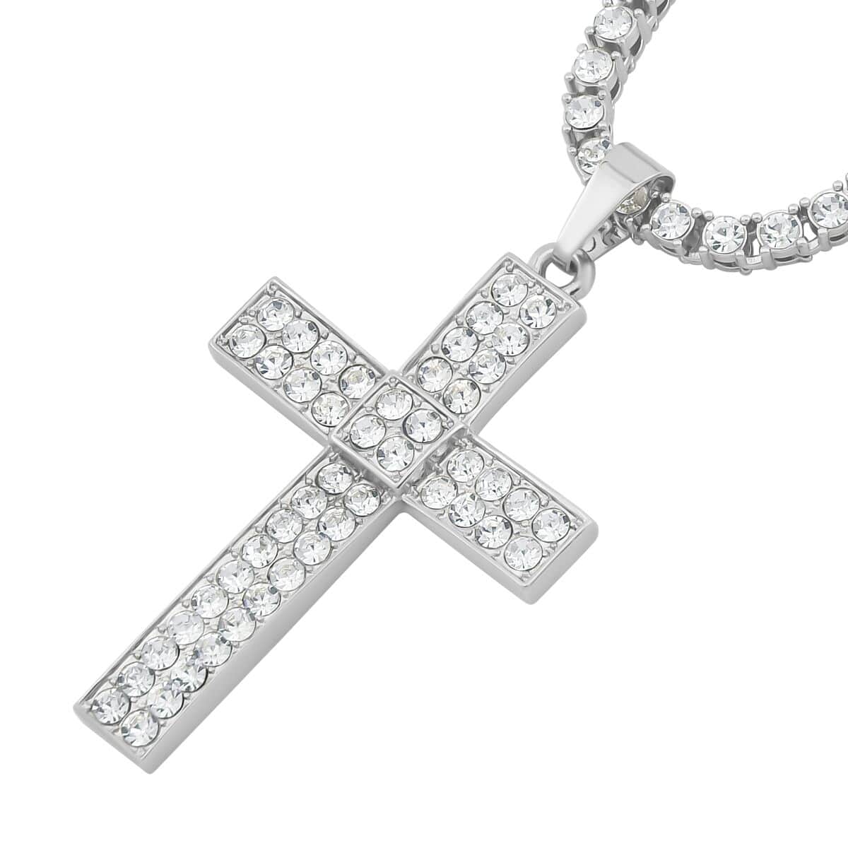 White Austrian Crystal Cross Pendant Necklace 20 Inches in Silvertone image number 3