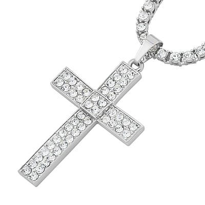 White Austrian Crystal Cross Pendant Necklace 20 Inches in Silvertone