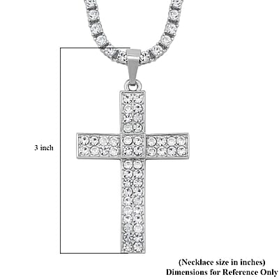 White Austrian Crystal Cross Pendant Necklace 20 Inches in Silvertone