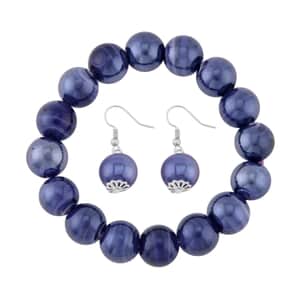 Purple Color Murano Style Beaded Stretch Bracelet and Earrings in Stainless Steel , Tarnish-Free, Waterproof, Sweat Proof Jewelry