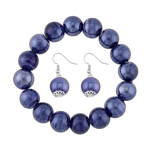 Purple Color Beaded Stretch Bracelet and Earrings in Stainless Steel , Tarnish-Free, Waterproof, Sweat Proof Jewelry