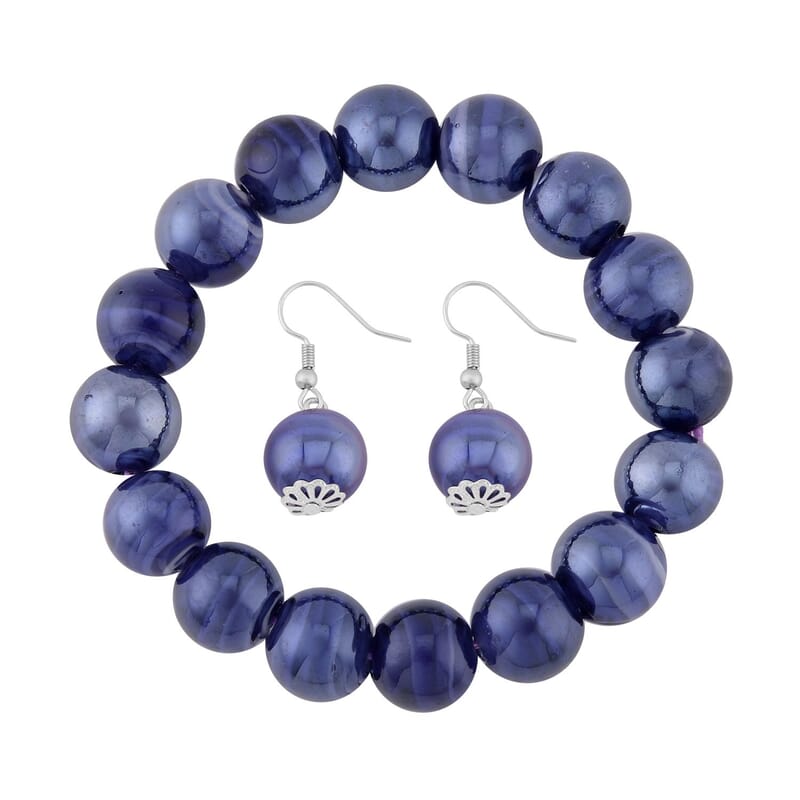 Purple Color Beaded Stretch Bracelet and Earrings in Stainless Steel , Tarnish-Free, Waterproof, Sweat Proof Jewelry