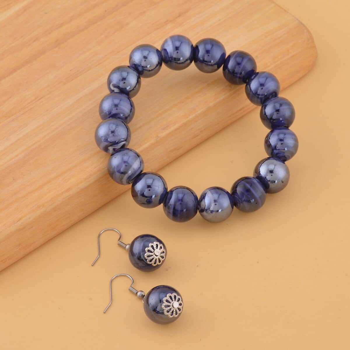 Purple Color Murano Style Beaded Stretch Bracelet and Earrings in Stainless Steel , Tarnish-Free, Waterproof, Sweat Proof Jewelry image number 1
