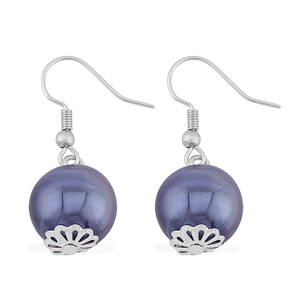 Purple Color Beaded Stretch Bracelet and Earrings in Stainless Steel , Tarnish-Free, Waterproof, Sweat Proof Jewelry
