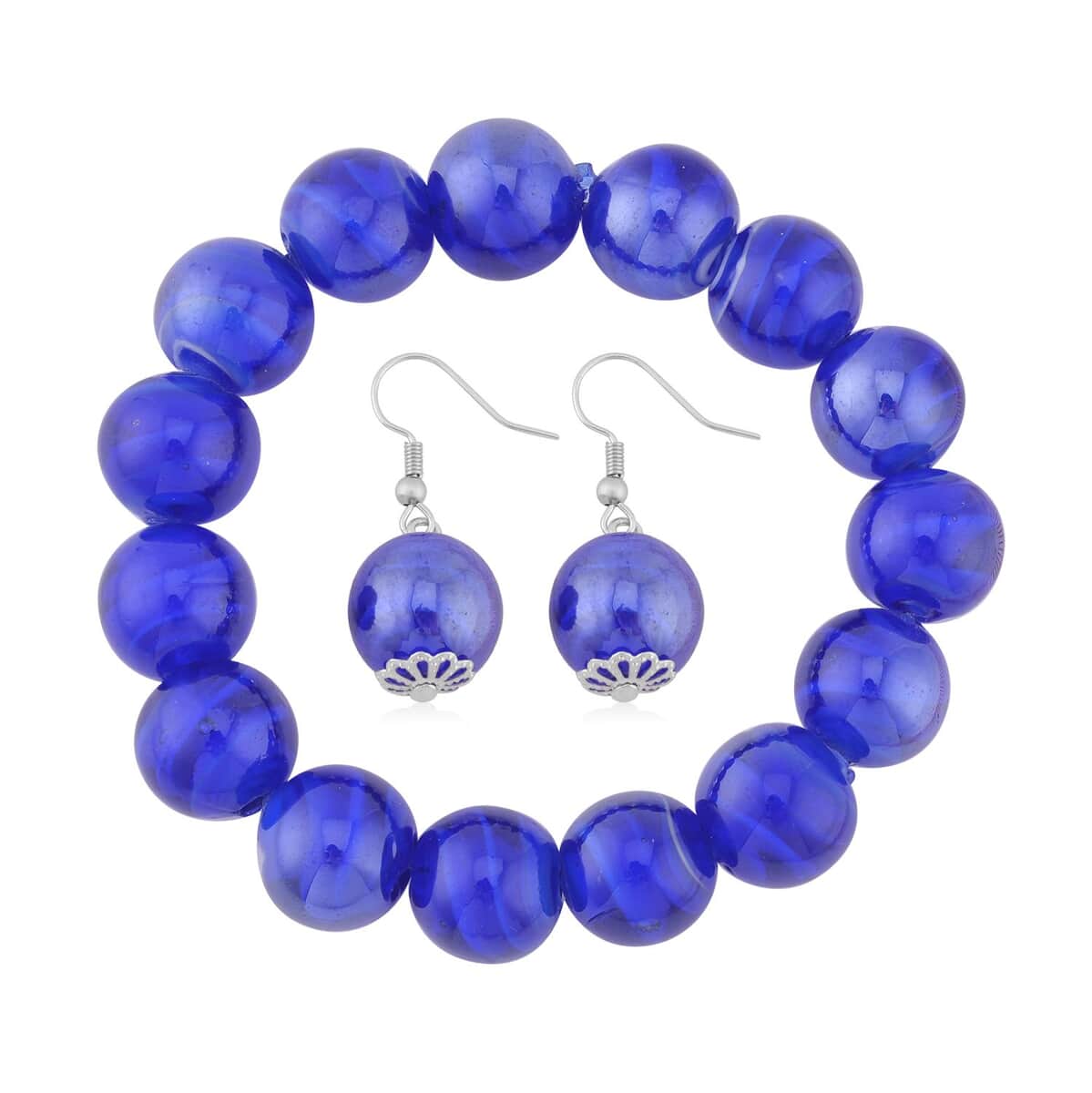 Blue Color Murano Style Beaded Stretch Bracelet and Earrings in Stainless Steel , Tarnish-Free, Waterproof, Sweat Proof Jewelry image number 0