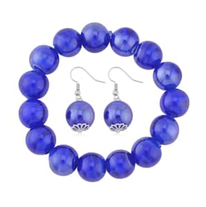 Blue Color Murano Style Beaded Stretch Bracelet and Earrings in Stainless Steel , Tarnish-Free, Waterproof, Sweat Proof Jewelry