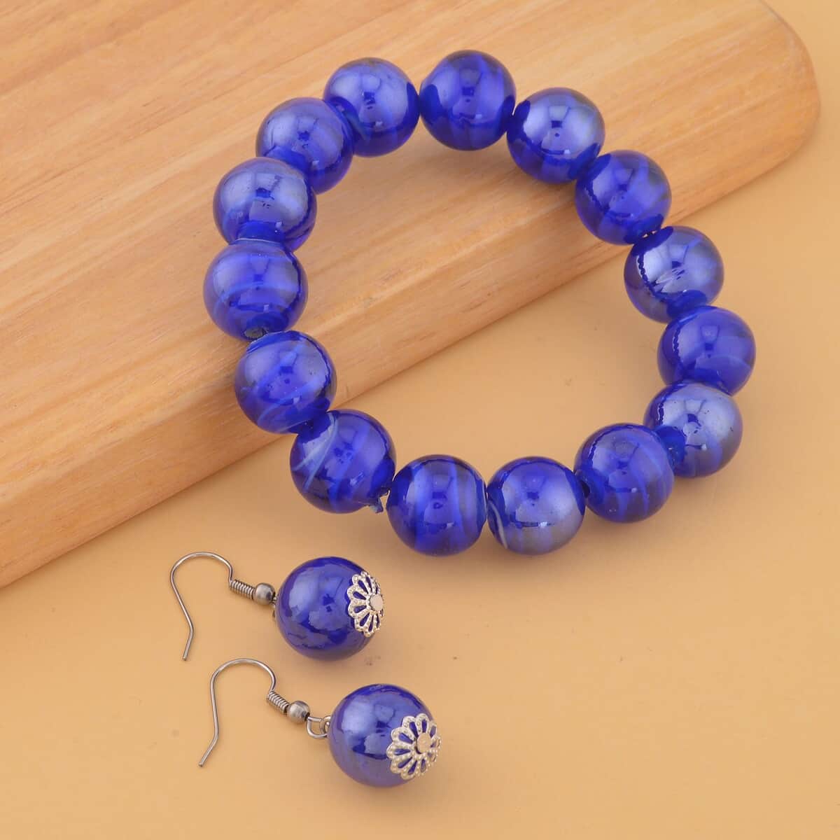 Blue Color Murano Style Beaded Stretch Bracelet and Earrings in Stainless Steel , Tarnish-Free, Waterproof, Sweat Proof Jewelry image number 1