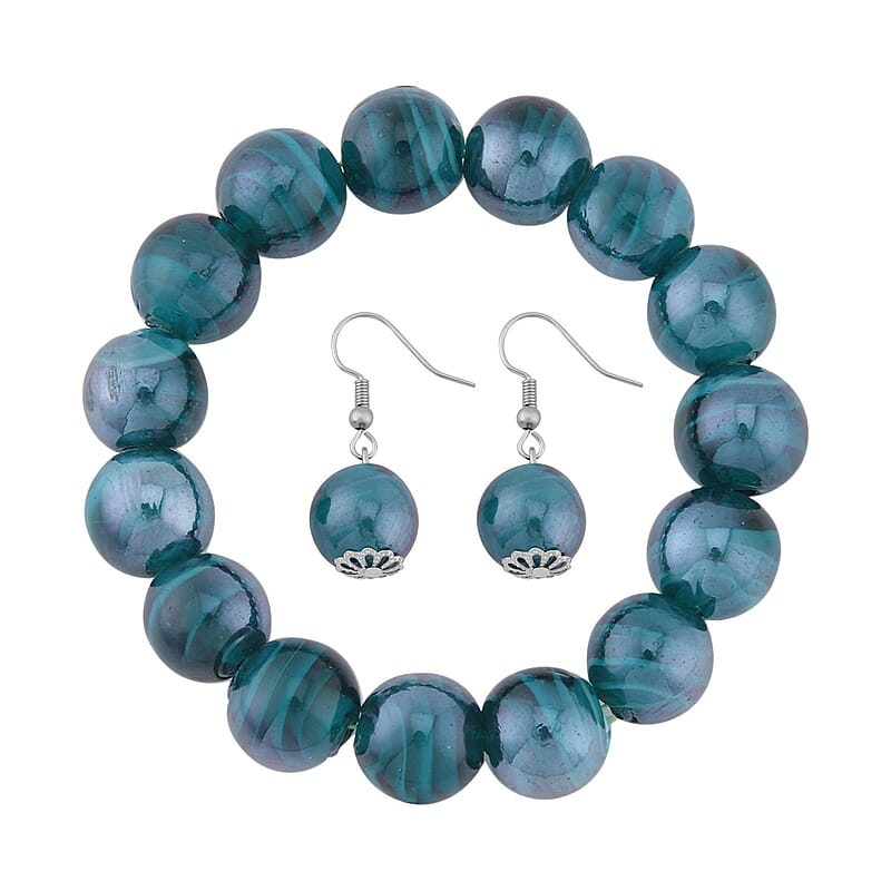 Green Color Beaded Stretch Bracelet and Earrings in Stainless Steel , Tarnish-Free, Waterproof, Sweat Proof Jewelry