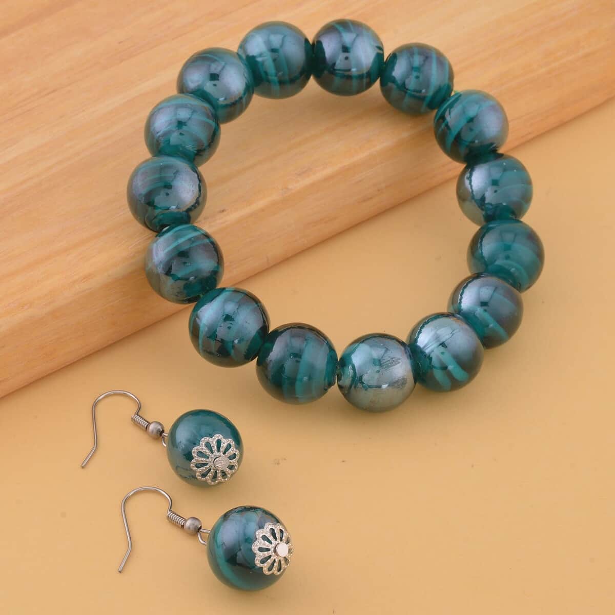 Green Color Murano Style Beaded Stretch Bracelet and Earrings in Stainless Steel , Tarnish-Free, Waterproof, Sweat Proof Jewelry image number 1