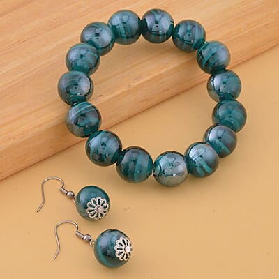 Green Color Beaded Stretch Bracelet and Earrings in Stainless Steel , Tarnish-Free, Waterproof, Sweat Proof Jewelry