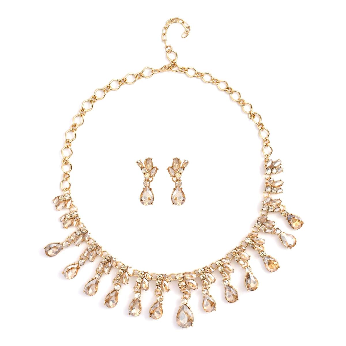 Simulated Champagne Sapphire and Champagne Austrian Crystal Earrings and Necklace 20-22 Inches in Goldtone image number 0
