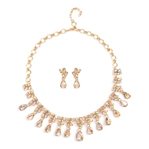 Simulated Champagne Sapphire and Champagne Austrian Crystal Earrings and Necklace 20-22 Inches in Goldtone
