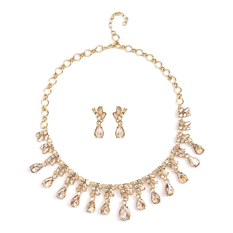 Simulated Champagne Sapphire and Champagne Austrian Crystal Earrings and Necklace 20-22 Inches in Goldtone