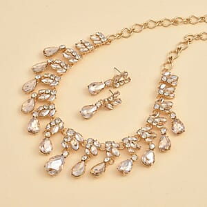 Simulated Champagne Sapphire and Champagne Austrian Crystal Earrings and Necklace 20-22 Inches in Goldtone