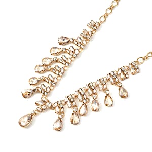 Simulated Champagne Sapphire and Champagne Austrian Crystal Earrings and Necklace 20-22 Inches in Goldtone