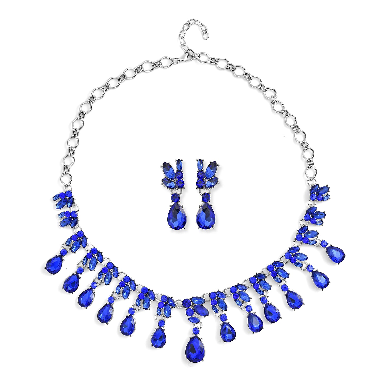 Simulated Blue Sapphire and Blue Austrian Crystal Earrings and Necklace 20-22 Inches in Silvertone