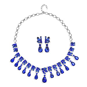 Simulated Blue Sapphire and Blue Austrian Crystal Earrings and Necklace 20-22 Inches in Silvertone