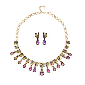 Simulated Magic Color Sapphire and Multi Austrian Crystal Earrings and Necklace 20-22 Inches in Goldtone