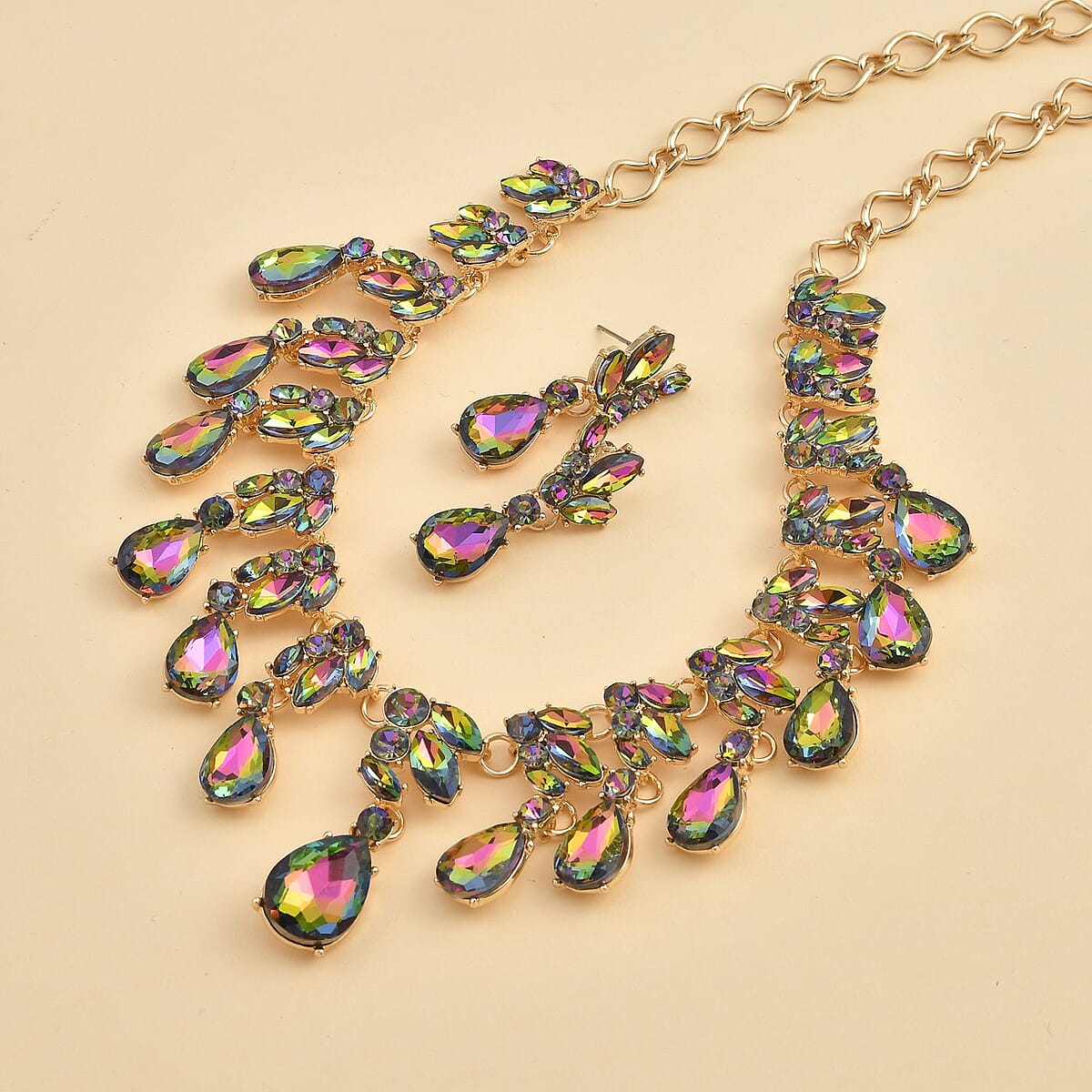 Simulated Magic Color Sapphire and Multi Austrian Crystal Earrings and Necklace 20-22 Inches in Goldtone image number 1