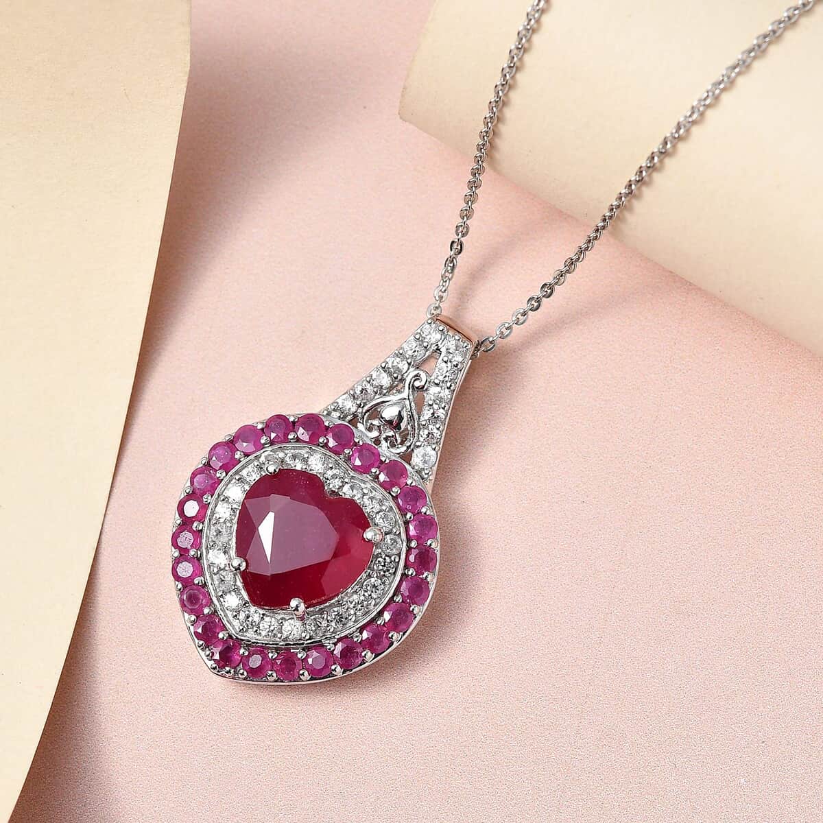 TLV Niassa Ruby, Natural White Zircon Pendant Necklace (20 Inches) in Platinum Over Sterling Silver 7.00 ctw image number 1