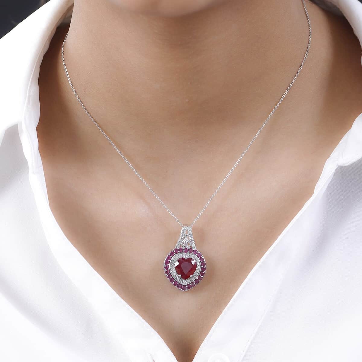 TLV Niassa Ruby, Natural White Zircon Pendant Necklace (20 Inches) in Platinum Over Sterling Silver 7.00 ctw image number 2