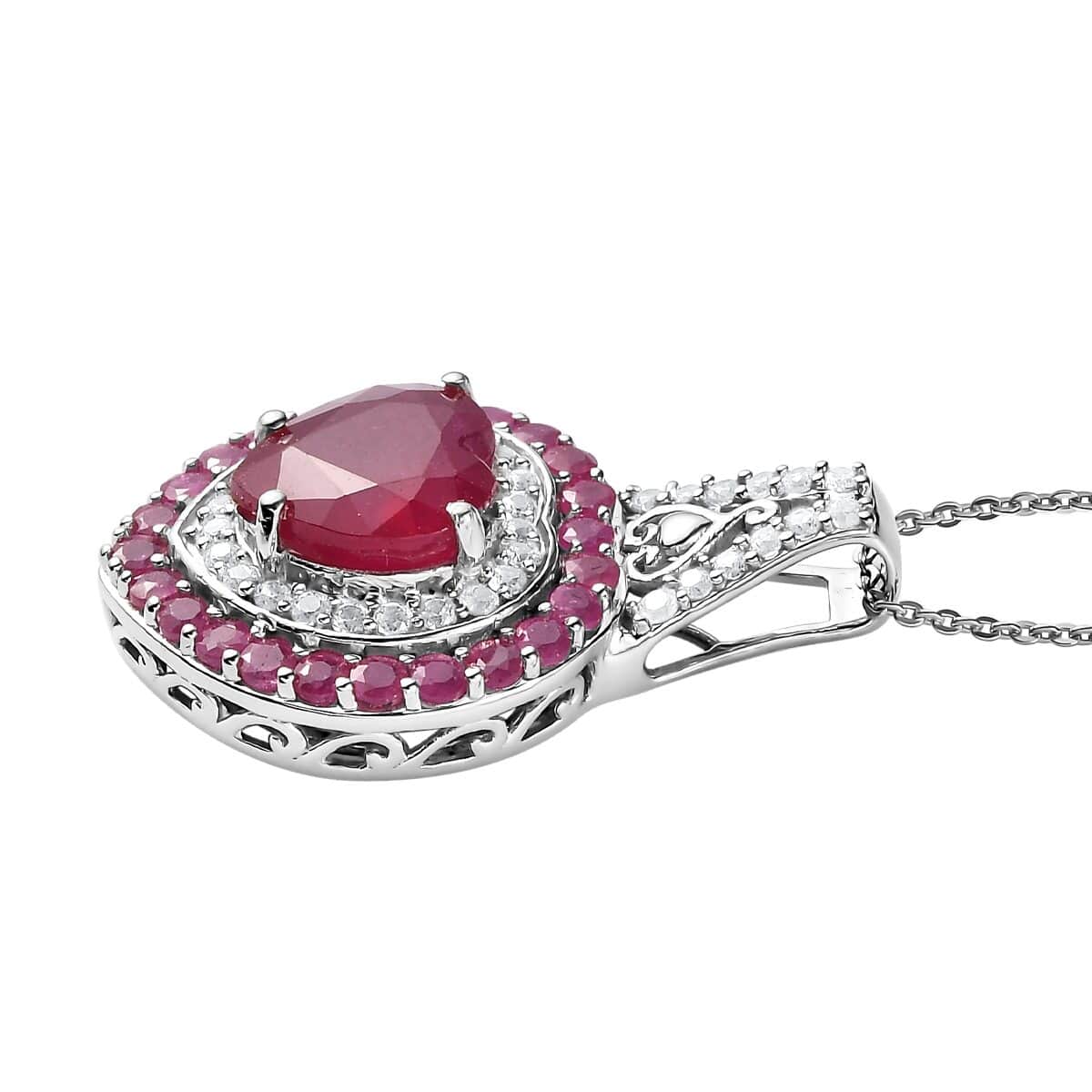 TLV Niassa Ruby, Natural White Zircon Pendant Necklace (20 Inches) in Platinum Over Sterling Silver 7.00 ctw image number 3