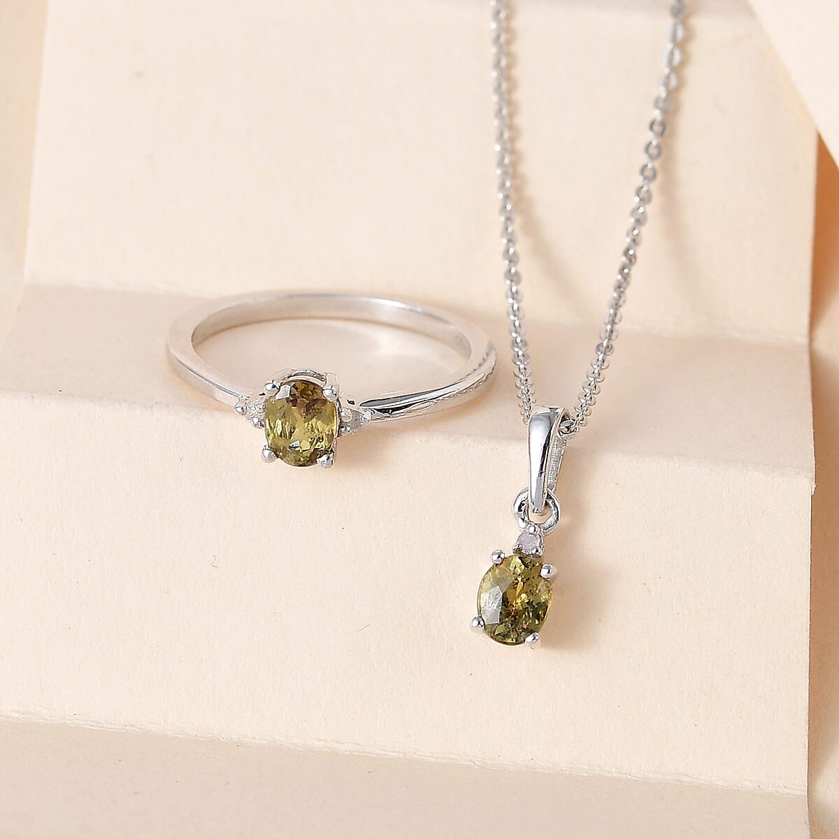 Natural Ambanja Demantoid Garnet and Diamond Accent Solitaire Ring (Size 10.0) Pendant Necklace 20 Inches in Platinum Over Sterling Silver 1.00 ctw image number 1