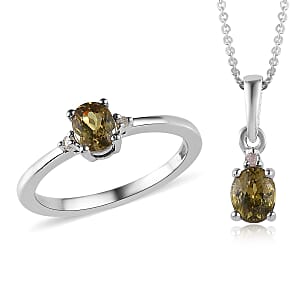 Ambanja Demantoid Garnet and Diamond Accent Solitaire Ring (Size 6.0) Pendant Necklace 20 Inches in Platinum Over Sterling Silver 1.00 ctw