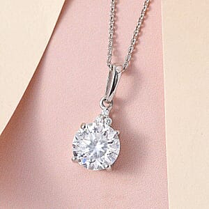 Mother's Day Gift Moissanite (Rnd 8mm) 1.85 ctw Pendant Necklace in Rhodium Over Sterling Silver, 100 Facet Moissanite 20 Inches