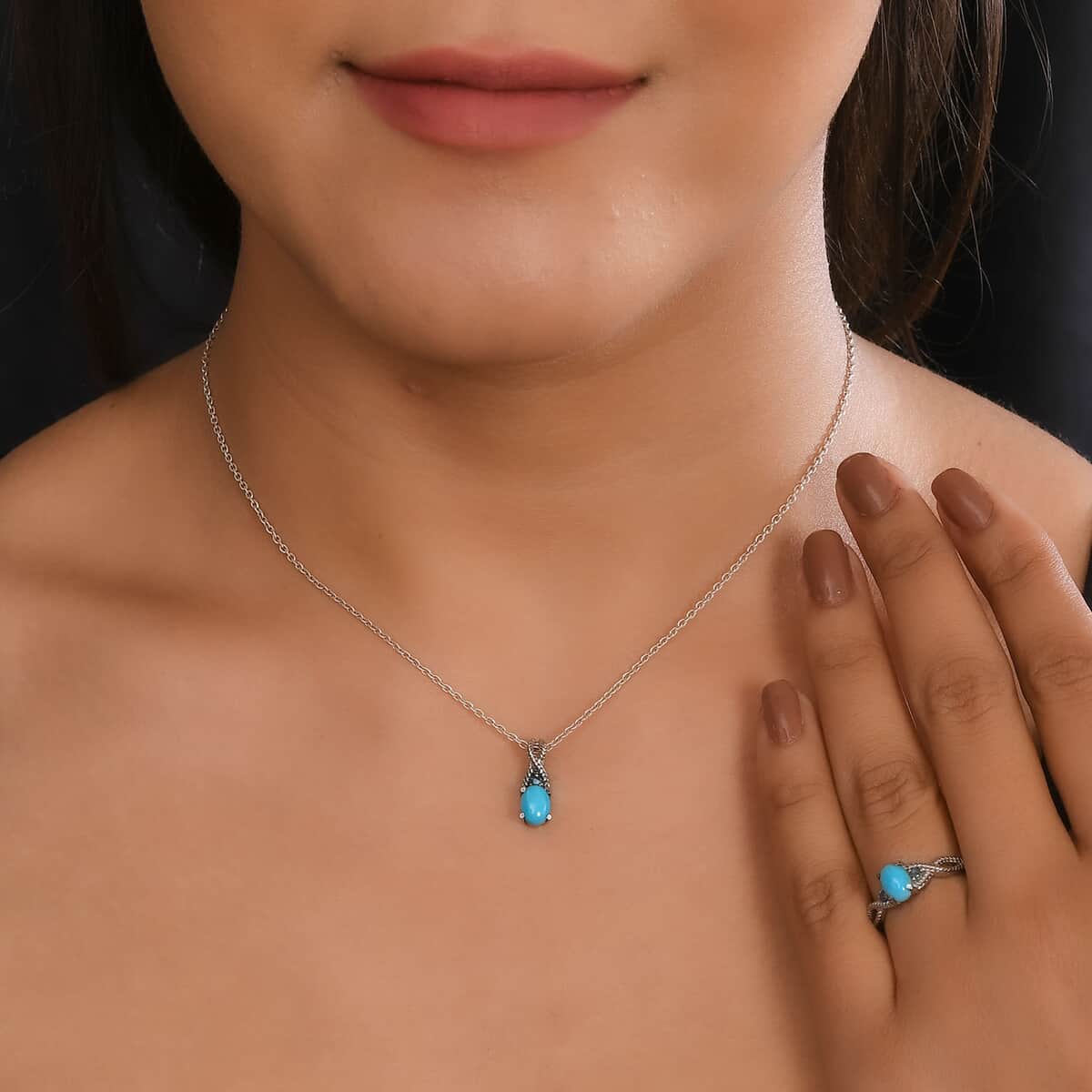 Premium American Natural Sleeping Beauty Turquoise, Malgache Neon Apatite Ring and Pendant Necklace 20 Inches in Stainless Steel 1.50 ctw image number 2